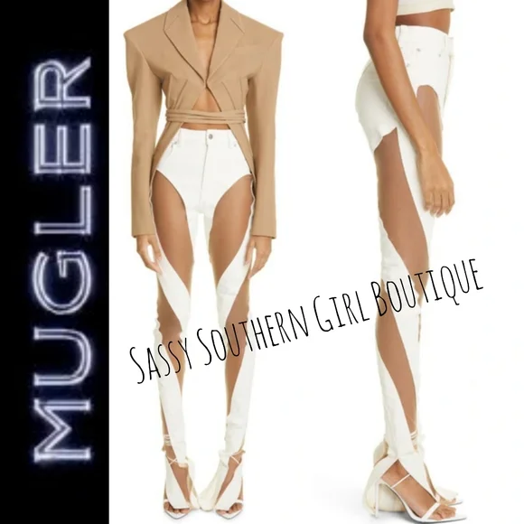 ⭐🆕MUGLER jeans ivory tan sheer panel mesh jeans